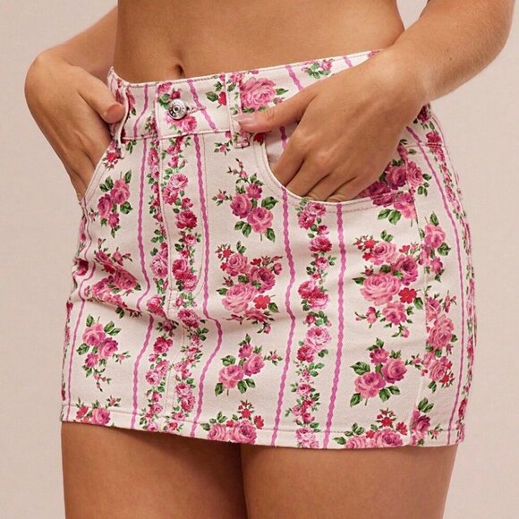 Country Western Multicolor Boho Women's ditsy Floral Stripe Micro Denim Skirt - Picture 1 of 5
